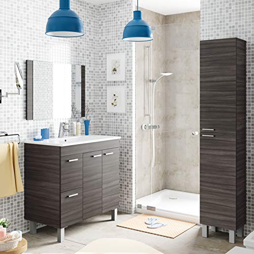 Mueble columna para baño con dos puertas y dos baldas internas, color gris ceniza, Medidas 30 x 182 x 25 cm