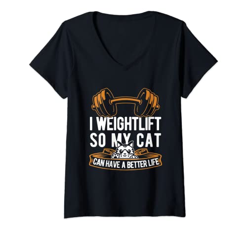 Mujer Halterofilia Gato - Levantamiento Gimnasio Weightlifting Camiseta Cuello V