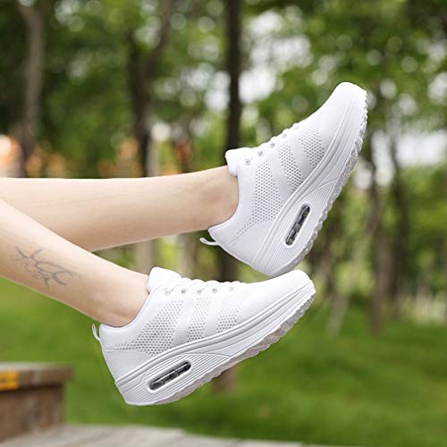 Mujer Zapatillas de Deporte Malla Air Cuña Cómodos Sneakers Mujer Casual Running Senderismo Ligero Mesh Zapatillas,Blanco-a,40 EU