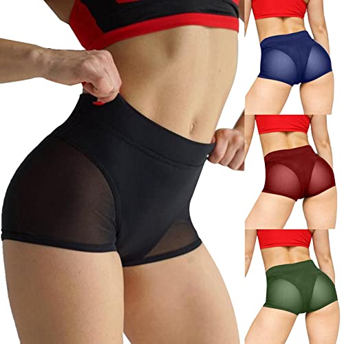 MujeresHigh Waist Workout Fitness Shorts Female Cheer Booty Dance Shorts See-Through Model Mesh Patchwork Pole Dancing Clubwear