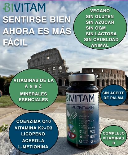 Multivitaminas y Minerales con Coenzima Q10-90 días - Vitamina B Complex - Vegano, Sin Gluten, 90 cápsulas, Fácil de tragar, Energía y Vitalidad - Bivitam - 23 Micronutrientes, Fabricado en España