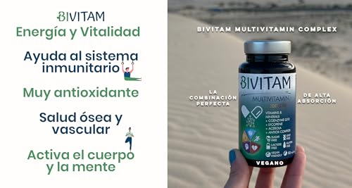 Multivitaminas y Minerales con Coenzima Q10-90 días - Vitamina B Complex - Vegano, Sin Gluten, 90 cápsulas, Fácil de tragar, Energía y Vitalidad - Bivitam - 23 Micronutrientes, Fabricado en España