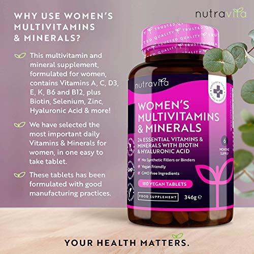 Multivitaminas y Minerales Veganas Para Mujer - 24 Vitaminas y Minerales Activos Esenciales que Incluyen Biotina y Ácido Hialurónico - 180 Tabletas Veganas - Fabricado por Nutravita