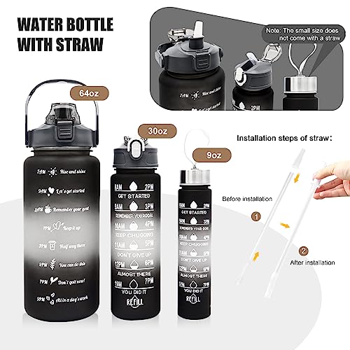 Mumutan Botella de Agua Con pajilla Marcadores Motivacionales 2 litros, paquete de 3 (2L+900ml+300ml), a prueba de fugas, sin BPA, botella deportiva portátil(Negro-Blanco)
