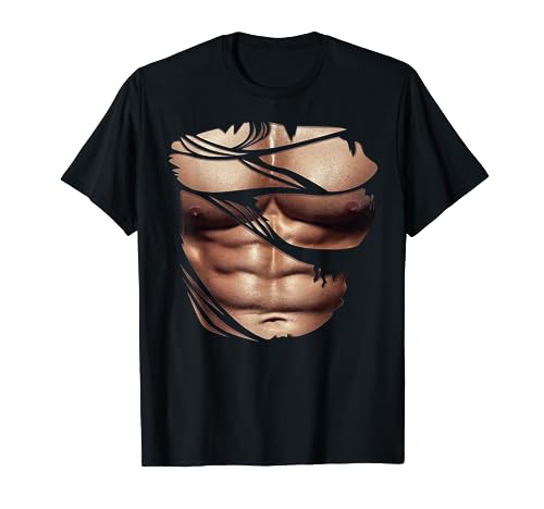 Músculos falsos rasgado pecho rasgado paquete de seis abdominales modelo de fitness Camiseta