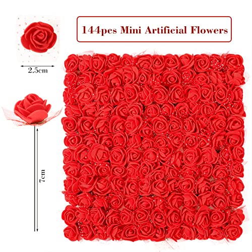 MWOOT Rosa Artificial 144 Piezas Rojo Flores Falsas, Pequeña Flor de Imitación para Bricolaje Accesorios de Boda Diademas, Cabezas de Flores Manualidades 2,5 CM