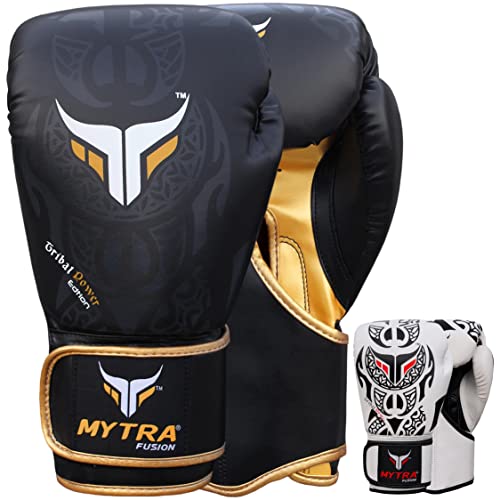 Mytra Fusion Guantes de Boxeo - Guantes de Entrenamiento MMA Punch, Kickboxing, Fitness, Sparring, Muay Thai, Entrenamiento y Lucha (Black Gold, 10-oz)