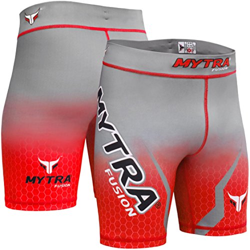 Mytra Fusion Tudo – Pantalones Cortos de compresión Shorts MMA térmica compresión Pantalones Cortos Crossfit Base Capa Running Short Heat Gear Trunks Vale Tudo (Gery, pequeño), Color Rojo