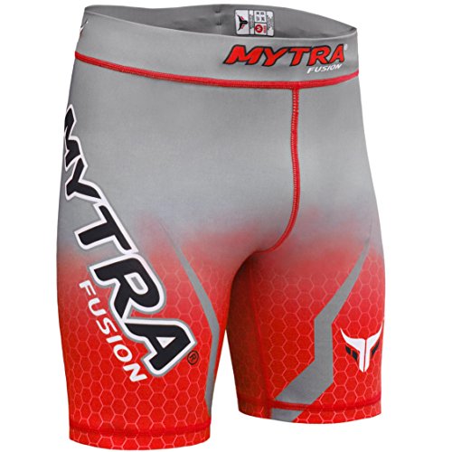 Mytra Fusion Tudo – Pantalones Cortos de compresión Shorts MMA térmica compresión Pantalones Cortos Crossfit Base Capa Running Short Heat Gear Trunks Vale Tudo (Gery, pequeño), Color Rojo