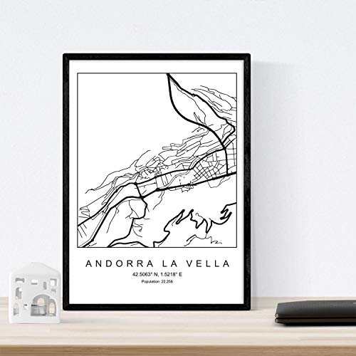 Nacnic Lámina Mapa de la Ciudad Andorra la Vella Estilo nordico en Blanco y Negro. Poster tamaño A3 Enmarcado con Marco Negro Impreso Papel 250 gr. Cuadros, láminas y Posters para Salon y Dormitorio