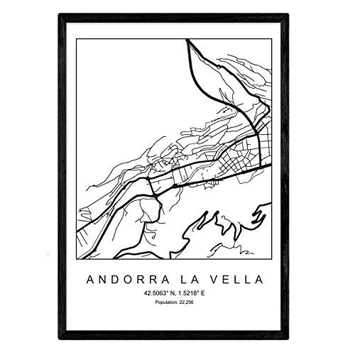 Nacnic Lámina Mapa de la Ciudad Andorra la Vella Estilo nordico en Blanco y Negro. Poster tamaño A3 Enmarcado con Marco Negro Impreso Papel 250 gr. Cuadros, láminas y Posters para Salon y Dormitorio