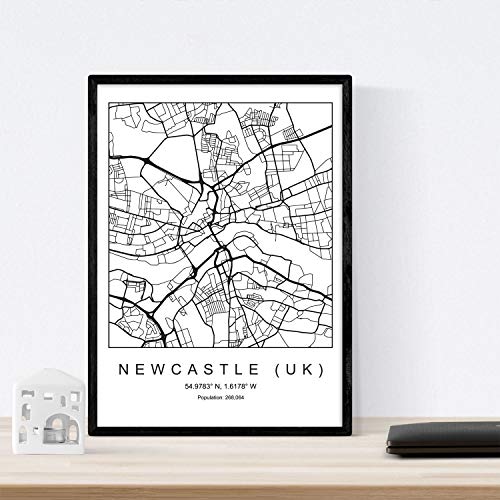 Nacnic Lámina Mapa de la Ciudad Newcastle UK Estilo nordico en Blanco y Negro. Poster tamaño A3 Sin Marco Impreso Papel 250 gr. Cuadros, láminas y Posters para Salon y Dormitorio