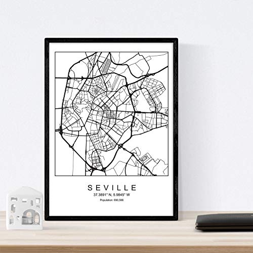 Nacnic Lámina mapa de la ciudad Sevilla estilo nordico en blanco y negro. Poster tamaño A4 Sin marco Impreso papel 250 gr. Cuadros, láminas y posters para salon y dormitorio