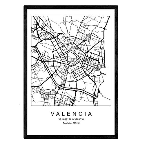 Nacnic Lámina mapa de la ciudad Valencia estilo nordico en blanco y negro. Poster tamaño A3 Enmarcado con marco negro Impreso papel 250 gr. Cuadros, láminas y posters para salon y dormitorio
