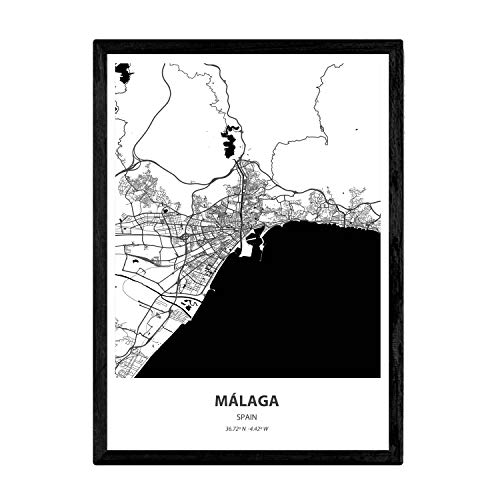 Nacnic Poster con Mapa de Malaga - España. Láminas de Ciudades de España con Mares y ríos en Color Negro. Tamaño A3