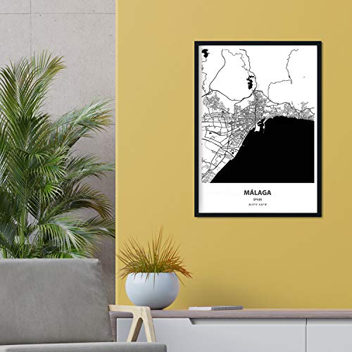 Nacnic Poster con Mapa de Malaga - España. Láminas de Ciudades de España con Mares y ríos en Color Negro. Tamaño A3