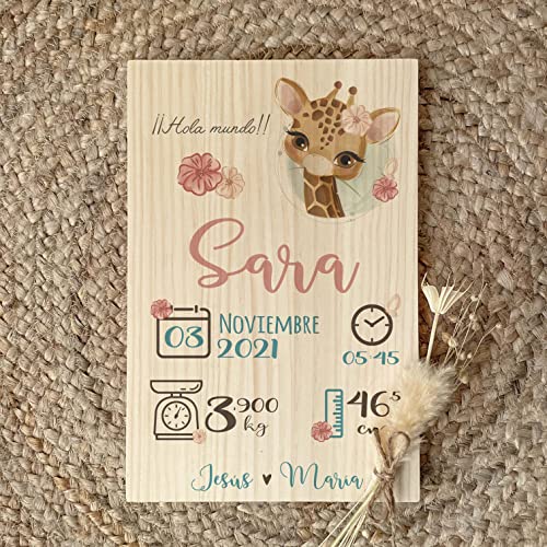 Natalicio de madera para bebés Jirafa Rosa personalizado con nombre, regalo para recién niños nacidos personalizado con datos de bebé nombre fecha peso nacimiento pino tamaño 20x30 (Jirafa Rosa)