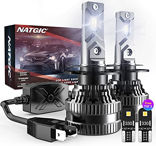 NATGIC H7 Bombillas LED para Faros Delanteros con 2PCS Bombillas LED T10, Kit de Conversión de H7 LED CanBus con Controlador Inteligente EMC, 70W 12000LM Xenón Blanco 6500K (Total de 4 Bombillas)