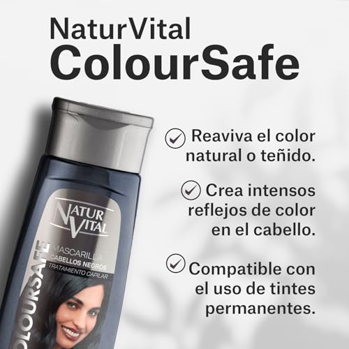 NaturVital - Mascarilla de Pelo ColourSafe, Sin Parabenos ni Siliconas, Coloración para Cabellos Negros, con Keratina Vegetal, Aporta Brillo y Protege el Color, 300 ml