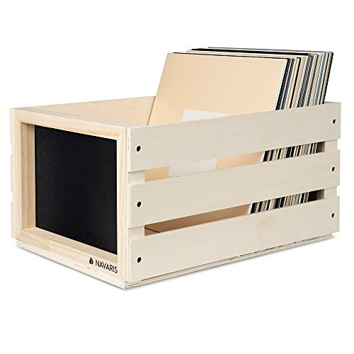 Navaris Caja para discos de vinilo - Mueble de madera porta vinilos - Estilo vintage con pizarra para anotar - Soporte con espacio para 80x disco LP