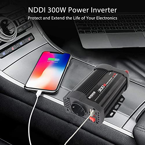 NDDI POWER 300W Inversor de Energía para Coche, Convertidor de CA de 12V a 230V, Auto, RV, Camping, Transformador con 1 EU Toma Y Dual Puertos USB 5V/2.4A para iPhone, iPad Y Tableta