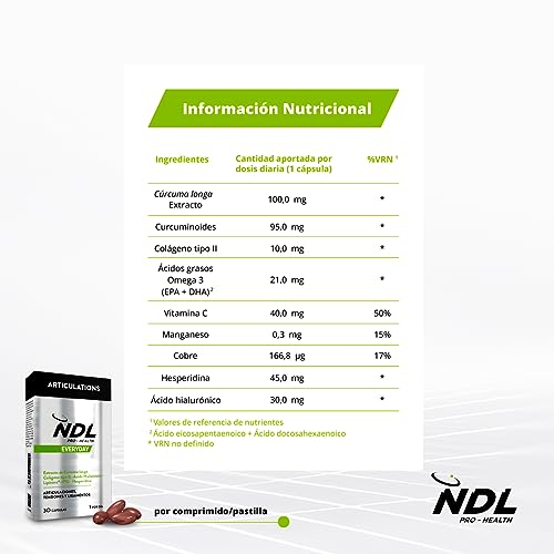 NDL Pro-Health Articulaciones - Colágeno puro tipo II con ácido hialurónico, cúrcuma y vitamina C, funcionamiento normal de huesos, articulaciones y cartílagos - 30 cápsulas, 1 mes