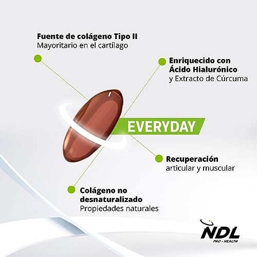 NDL Pro-Health Articulaciones - Colágeno puro tipo II con ácido hialurónico, cúrcuma y vitamina C, funcionamiento normal de huesos, articulaciones y cartílagos - 30 cápsulas, 1 mes