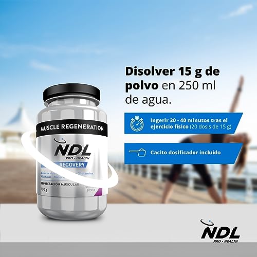 NDL Pro-Health Muscle Regeneration - BCAA (2:1:1) glutamina, antiinflamatorio y antioxidante, recuperación muscular post entreno, frutas del bosque, polvo, 20 dosis, 300g