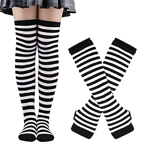 Nensiche Conjunto de guantes y calcetines para mujer, de punto a rayas, medias altas por encima de la rodilla, guantes sin dedos, calentador de brazos, Blanco y negro, talla única