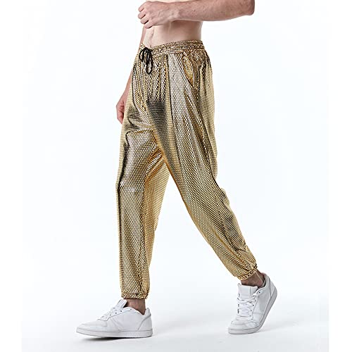 NewL Pantalones deportivos metálicos plateados brillantes para hombre, estilo hip hop, para discoteca, fiesta, festival, baile de graduación, ropa de calle, Negro, M