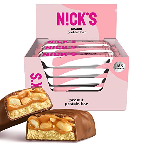 NICKS Barrita Proteinas Keto Cacahuetes | 15g Proteína | 183 Calorías | Low Carb Protein Bar Chocolate Snacks Sin Azúcares Añadidos Sin Gluten (12 Barras Proteicas x 50g)