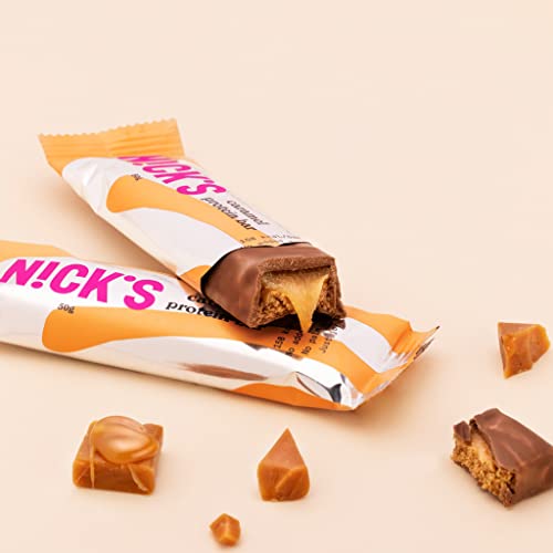 NICKS Barrita Proteinas Keto Caramelo | 14g Proteína | 158 Calorías | Low Carb Protein Bar Chocolate Snacks Sin Azúcares Añadidos Sin Gluten (12 Barras Proteicas x 50g)