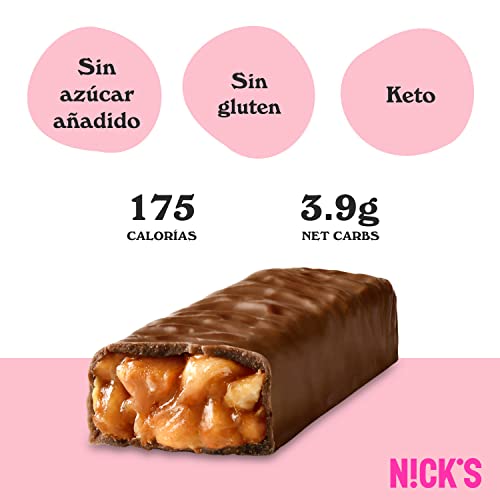 NICKS Peanuts n Fudge Barritas Keto Chocolate Cacahuetes Caramelo 175 Calorías, 3.9 Carbohidratos Netos, Sin Azúcar Añadido Low Carb Dulces Chocolatinas Sin Gluten (15x40g)