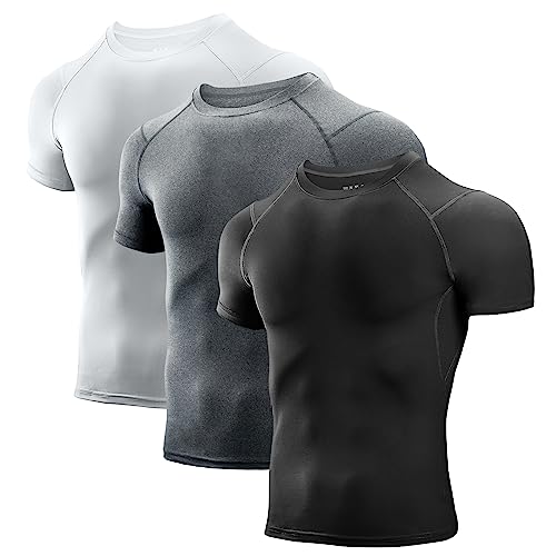 Niksa Camisetas de compresión para hombre, paquete de 3/5, camisetas de compresión atléticas de manga corta para entrenamiento fresco y seco, Negro/Gris/Blanco Paquete de 3, Small