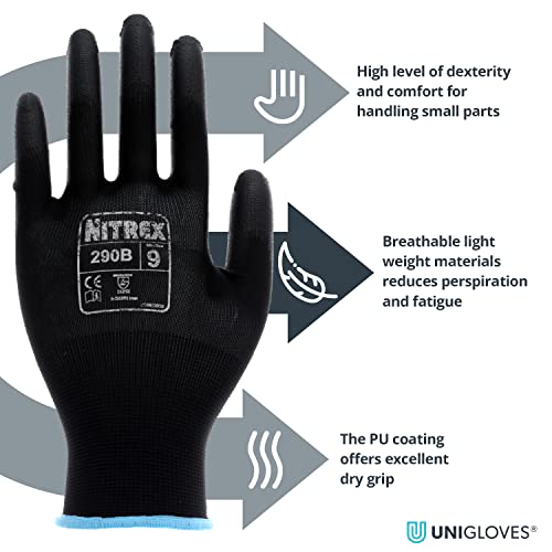 NITREX 290B - Guantes de trabajo y seguridad, 10 pares de guantes de manejo general negros con revestimiento de palma de poliuretano, talla 6, extra pequeños