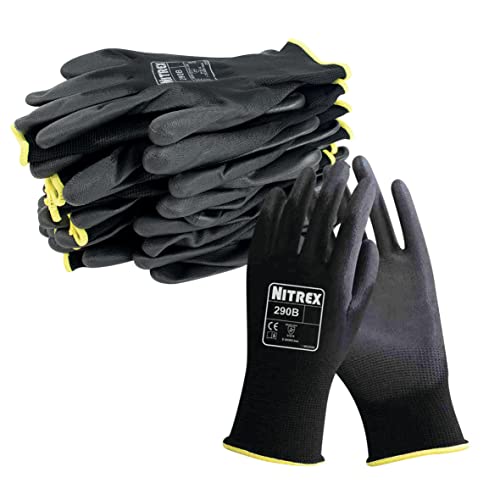 NITREX 290B - Guantes de trabajo y seguridad, 10 pares de guantes de manejo general negros con revestimiento de palma de poliuretano, talla 6, extra pequeños