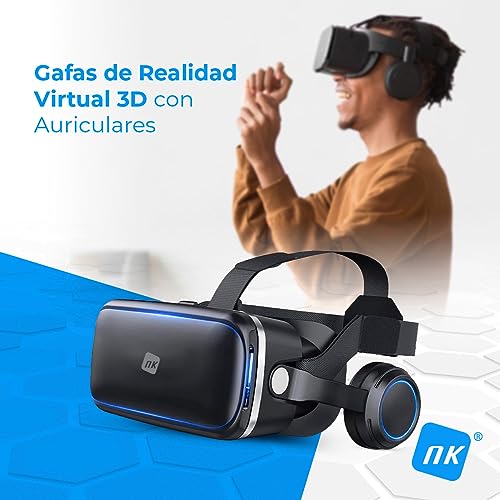 NK Gafas Inteligentes VR con Auriculares - Realidad Virtual 3D con Audio para Smartphone entre 4.7" - 6.53", Ángulo Visión 90-100º, Giro 360º, Objetivo y Pupila Regulable - Negro