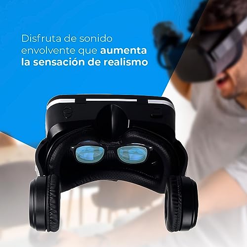 NK Gafas Inteligentes VR con Auriculares - Realidad Virtual 3D con Audio para Smartphone entre 4.7" - 6.53", Ángulo Visión 90-100º, Giro 360º, Objetivo y Pupila Regulable - Negro