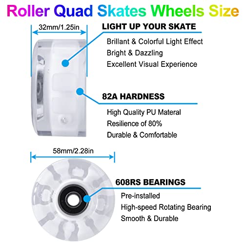 nonmon 4Pcs Ruedas Luminosas de Patines Cuatro Skateboard 58mm 82A, Luces LED PU Wheel con Rodamientos 608RS ABEC-9 Cojinetes, Requesto Set para Patines en Paralelo Quad Skates Monopatín - Colorido