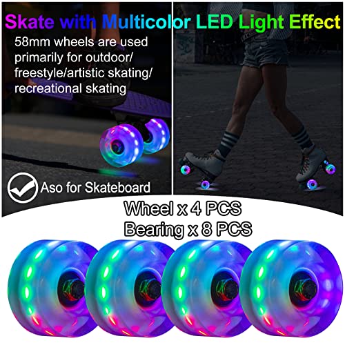 nonmon 4Pcs Ruedas Luminosas de Patines Cuatro Skateboard 58mm 82A, Luces LED PU Wheel con Rodamientos 608RS ABEC-9 Cojinetes, Requesto Set para Patines en Paralelo Quad Skates Monopatín - Colorido