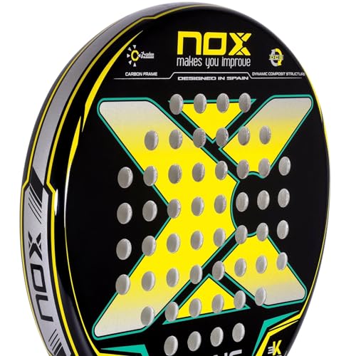NOX - Pala de Pádel X-One Yellow/Green Ex - Superficie Rugosa y Forma Redonda - Fibra de Vidrio 3K Ambas Caras y Goma HR3 - Nivel Intermedio - Peso 360-370 gr - Ancho 38mm - Color Amarillo