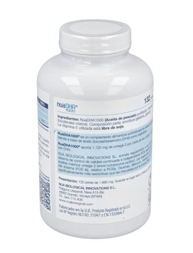 Nua Biological - NuaDHA 1000, Complemento Alimenticio a base de DHA puro (ácido docosahexaenoico) - Omega 3 Marino de Pescado Azul - 132 cápsulas en forma de triglicérido (1000mg por perla)
