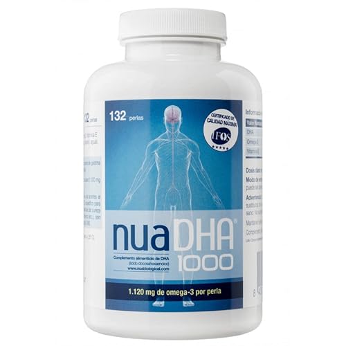 Nua Biological - NuaDHA 1000, Complemento Alimenticio a base de DHA puro (ácido docosahexaenoico) - Omega 3 Marino de Pescado Azul - 132 cápsulas en forma de triglicérido (1000mg por perla)