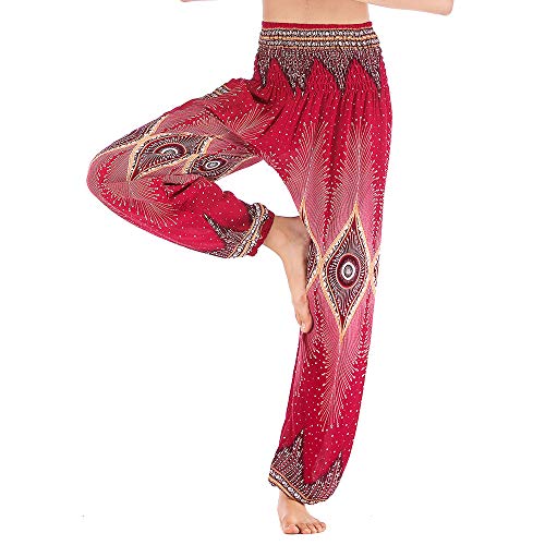 Nuofengkudu Mujer Algodón Thai Pantalones Hippies Cintura Alta con Bolsillo Boho Estampados Baggy Comodo Harem Pantalón Indios Yoga Pants Verano Playa(Rojo Ojo,Talla única)