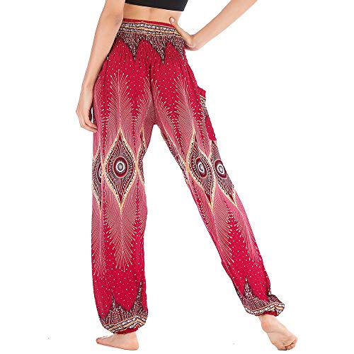 Nuofengkudu Mujer Algodón Thai Pantalones Hippies Cintura Alta con Bolsillo Boho Estampados Baggy Comodo Harem Pantalón Indios Yoga Pants Verano Playa(Rojo Ojo,Talla única)