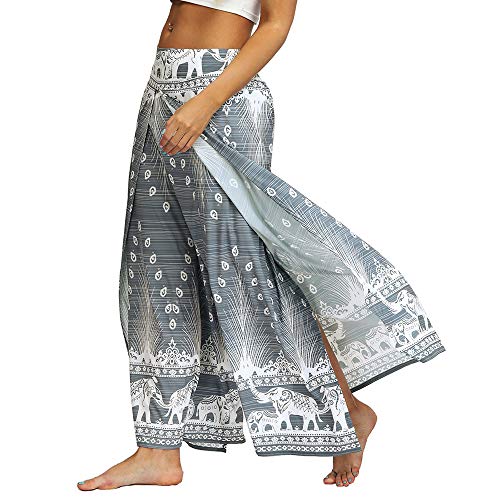 Nuofengkudu Mujer Hippie Largo Pantalones Dividir Pata Ancha Flores Estampados Sueltos Elegantes Comodos Thai Yoga Pants Verano Playa Vacaciones(Gris Pavo,S/M)