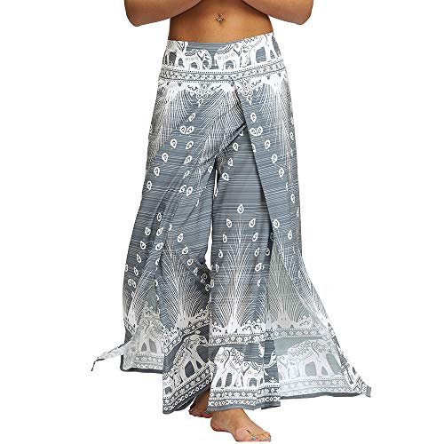 Nuofengkudu Mujer Hippie Largo Pantalones Dividir Pata Ancha Flores Estampados Sueltos Elegantes Comodos Thai Yoga Pants Verano Playa Vacaciones(Gris Pavo,S/M)