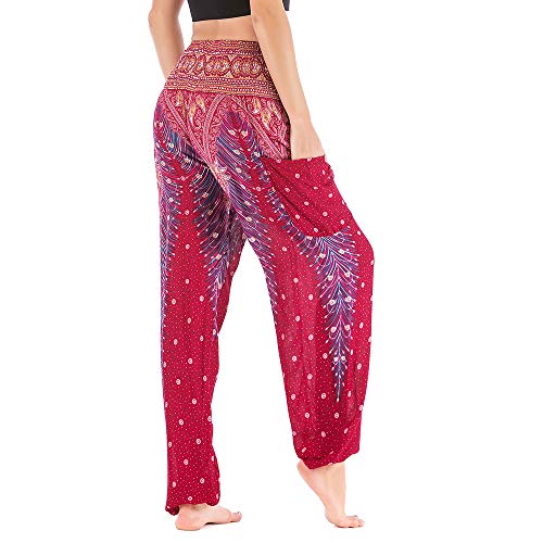 Nuofengkudu Mujer Hippie Thai Algodón Harem Pantalones con Bolsillo Boho Estampados Sueltos Pantalón Cintura Alta Indios Yoga Pants Pijama Verano Playa(Vino Tinto Pavo,Talla única)