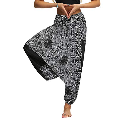 Nuofengkudu Mujer Pantalones Anchos Hippies Estampados Baggy Comodos Cintura Alta Tailandeses Yoga Pants Casual Playa Fiesta Verano (Negro Patrón A,Talla única