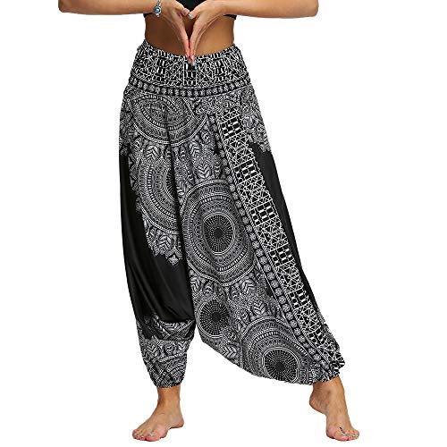 Nuofengkudu Mujer Pantalones Anchos Hippies Estampados Baggy Comodos Cintura Alta Tailandeses Yoga Pants Casual Playa Fiesta Verano (Negro Patrón A,Talla única